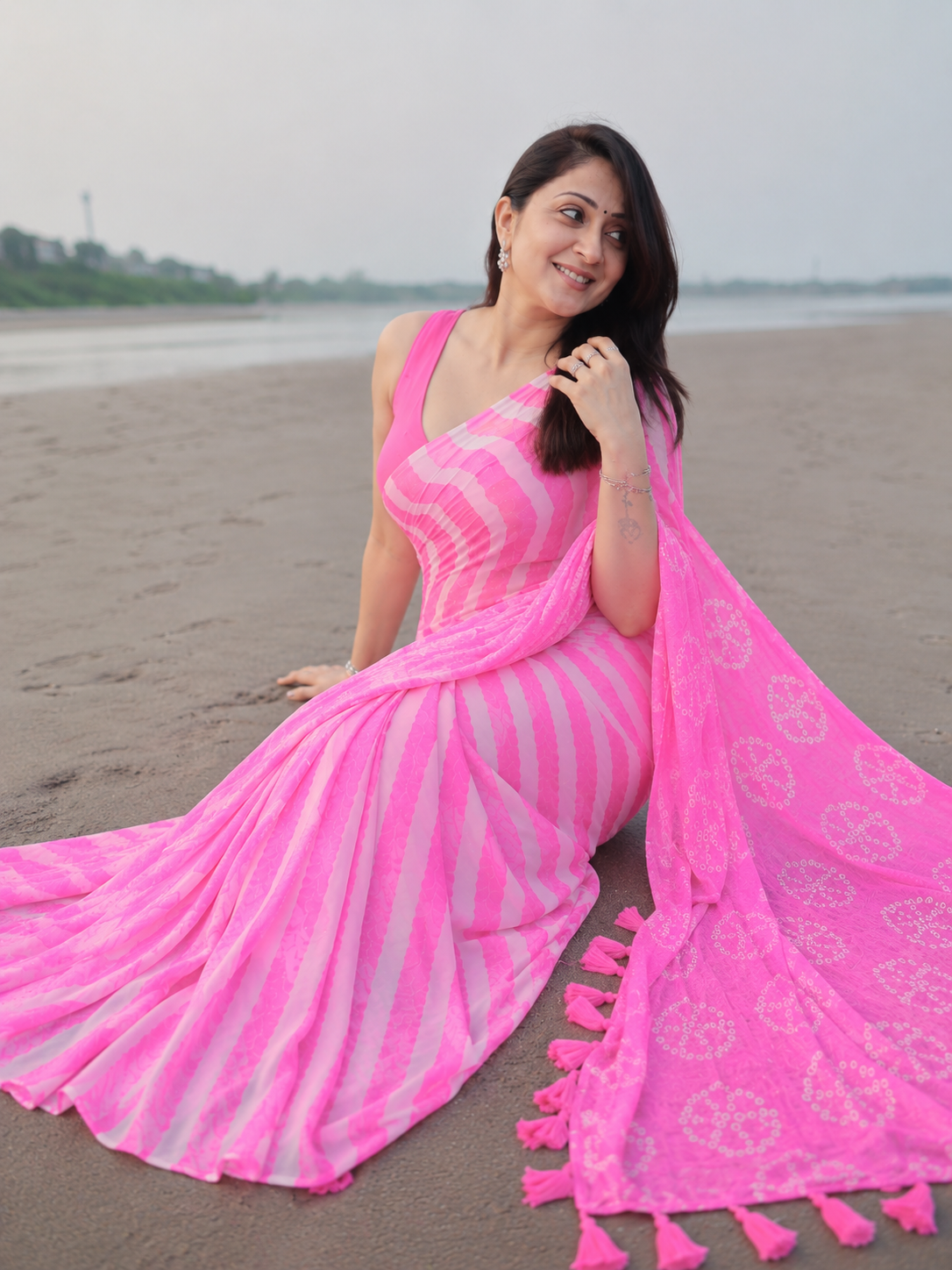 Pink & White Bandhani Print Chiffon Saree with Tassel Pallu