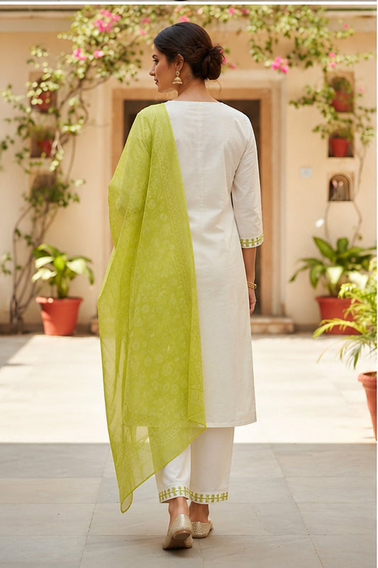 White Cotton Blend Kurta Set with Lime Green Organza Dupatta