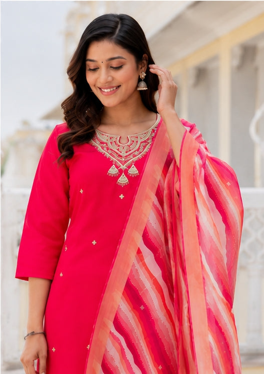 Rani Pink Cotton Blend Kurta Set with Printed Organza Dupatta