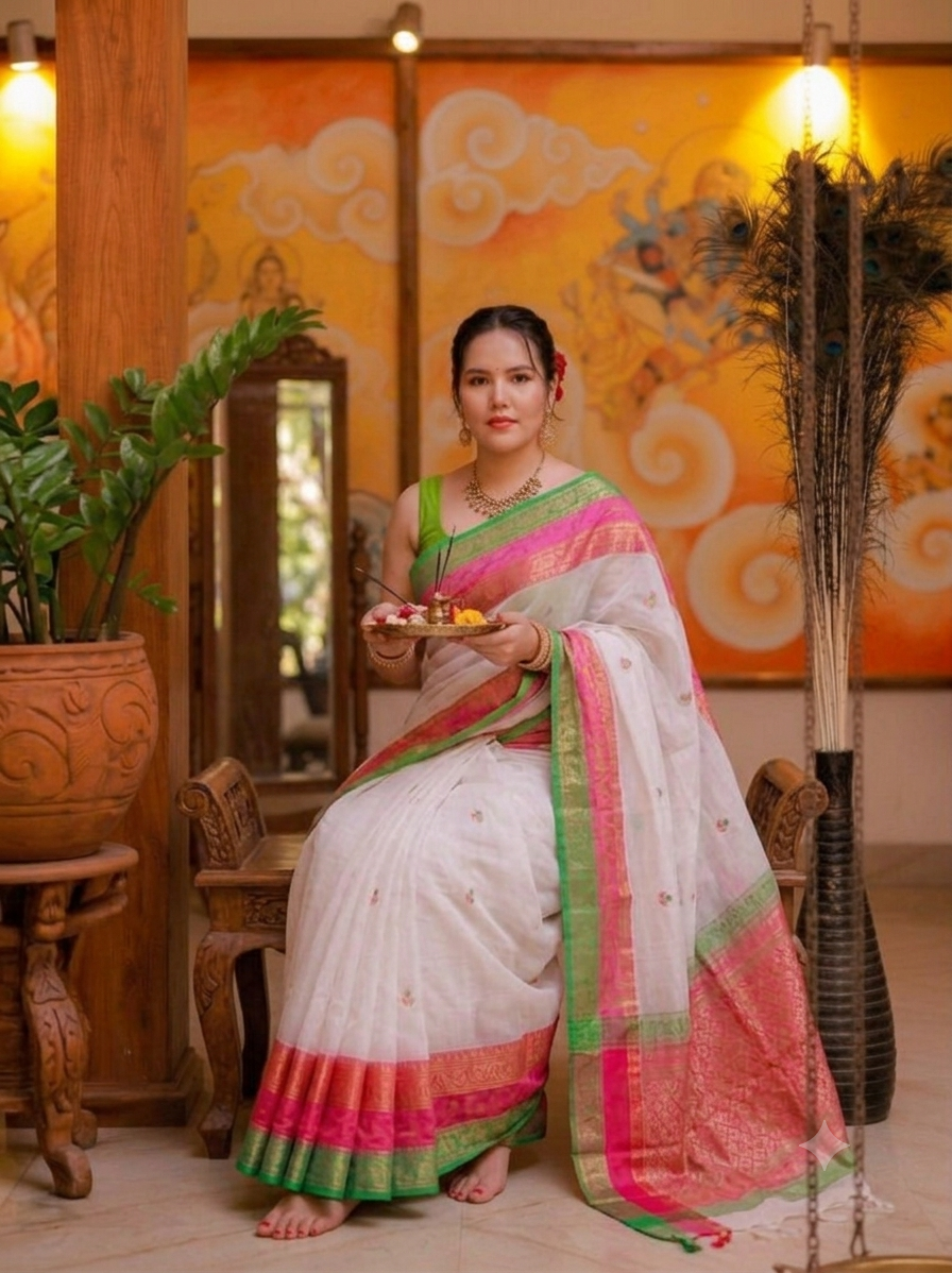 Graceful White and Pink Border Mul Cotton Saree