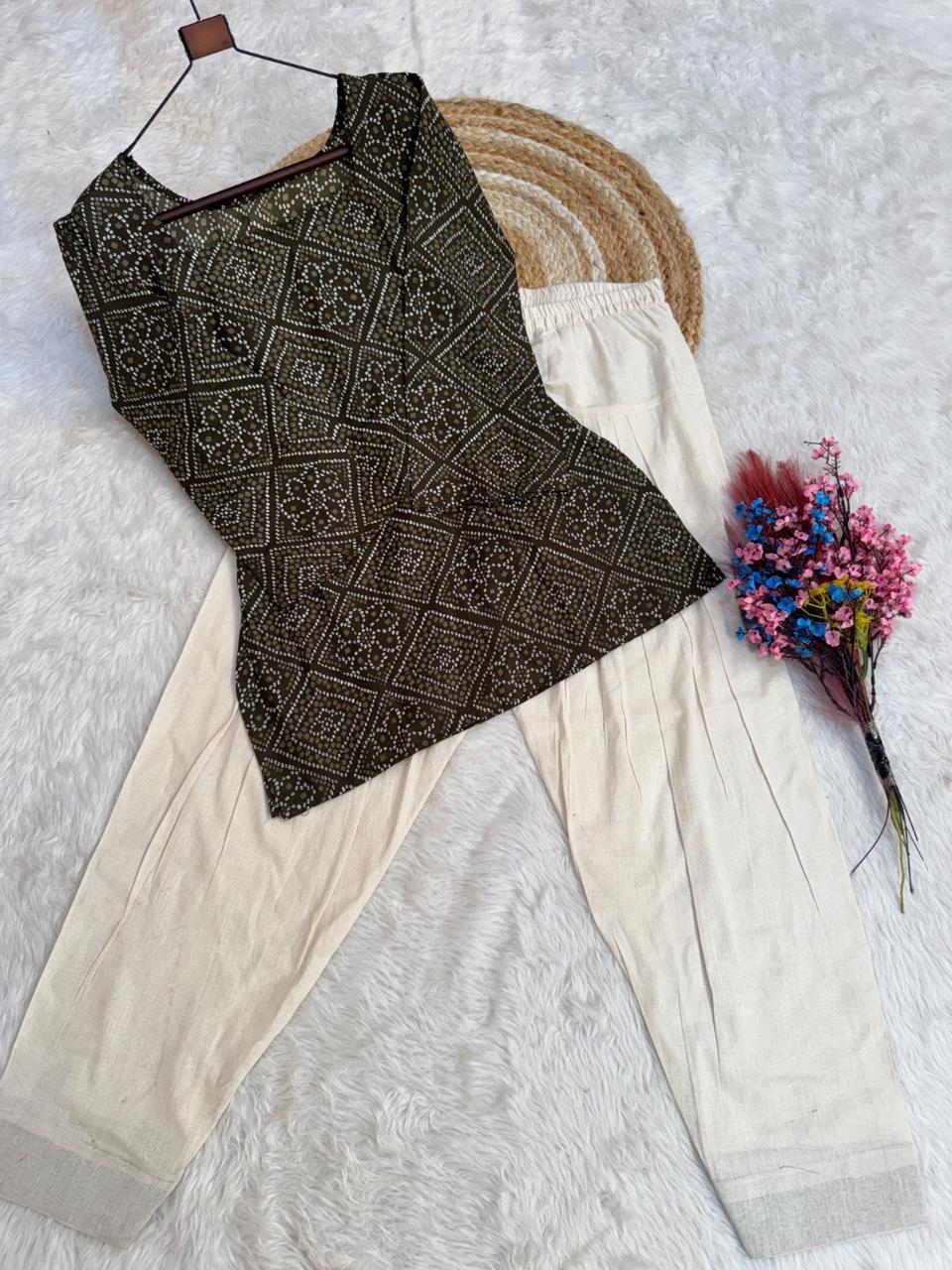 Olive Green Cotton Bandhej Short Kurta