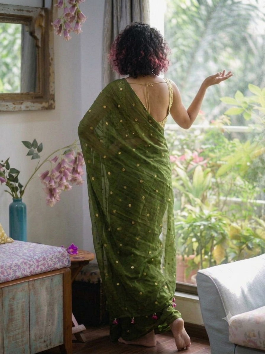 Ethereal Olive Green Gold-Zari Polka Dot Mul Cotton Saree