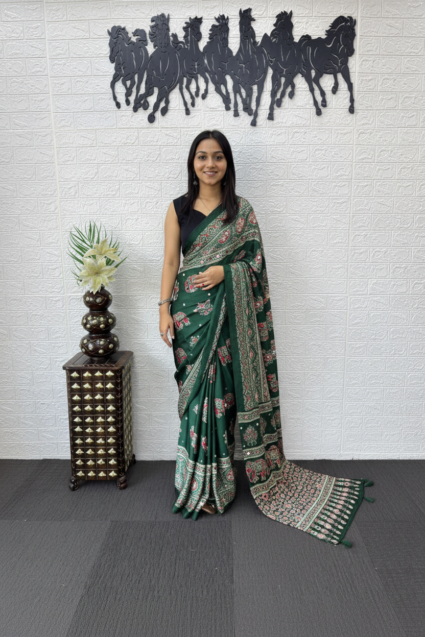 Vibrant Forest Green Gajji Ajrakh Silk Saree