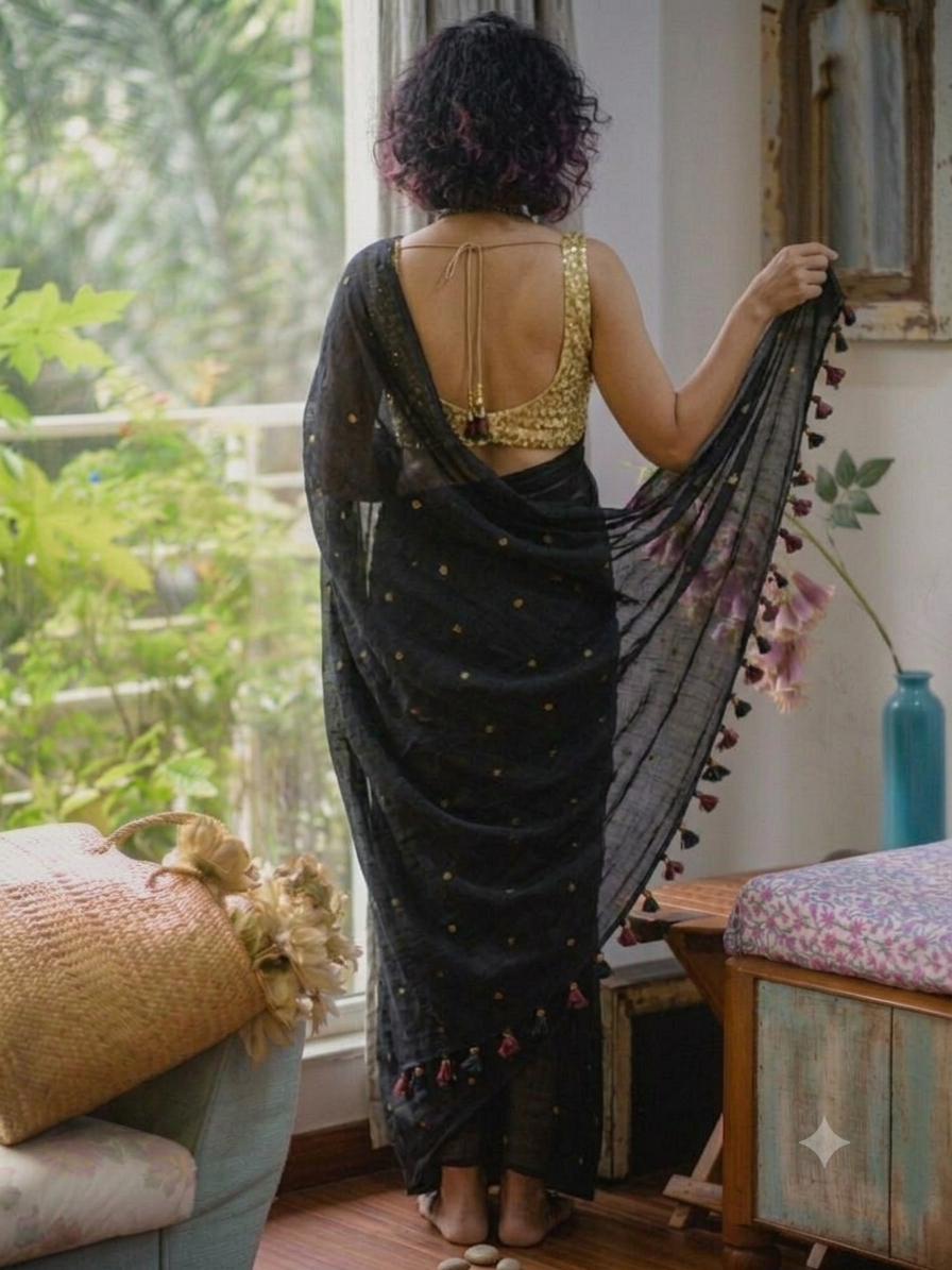 Ethereal Midnight Black Gold-Zari Polka Dot Mul Cotton Saree