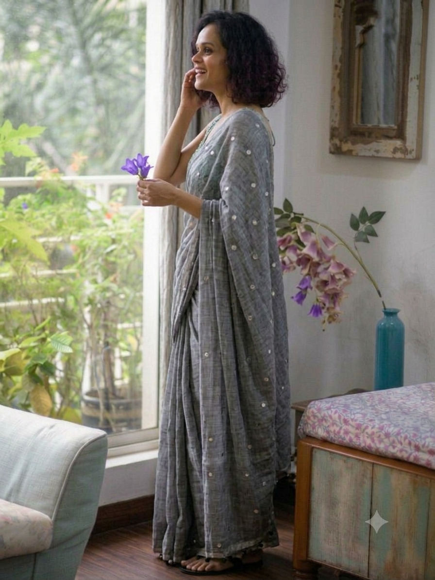 Ethereal Steel Grey Mirror-Work Mul Cotton Saree