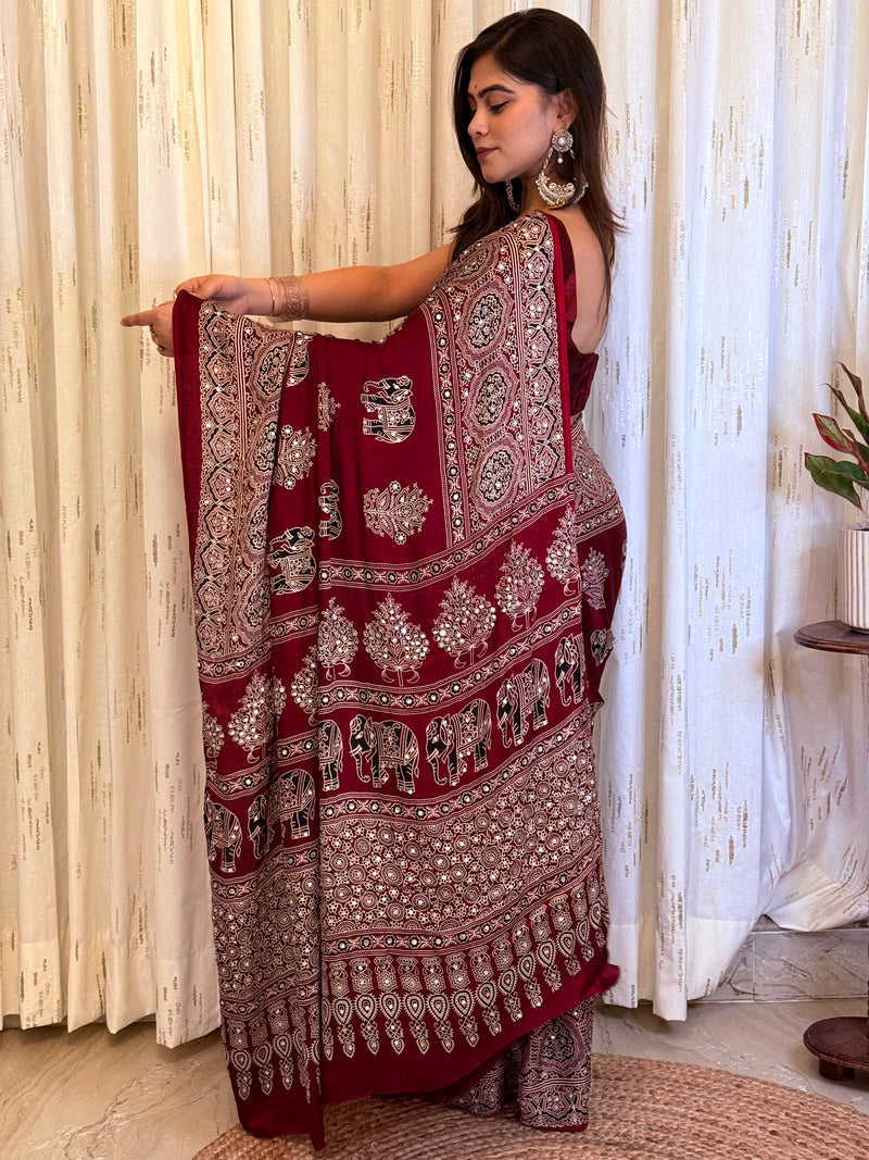 Vibrant Maroon Gajji Ajrakh Viscose Silk Saree