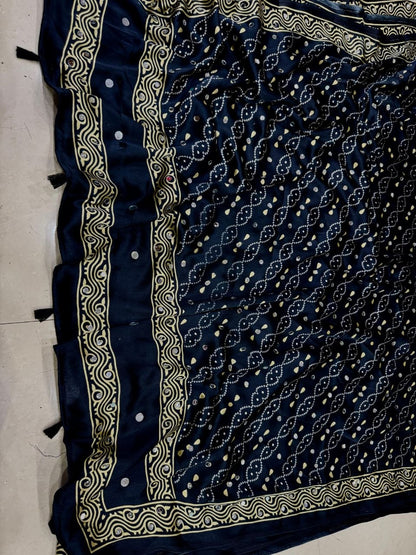 Royal Navy Blue Gajji Ajrakh Silk Saree with Matching Blouse Piece