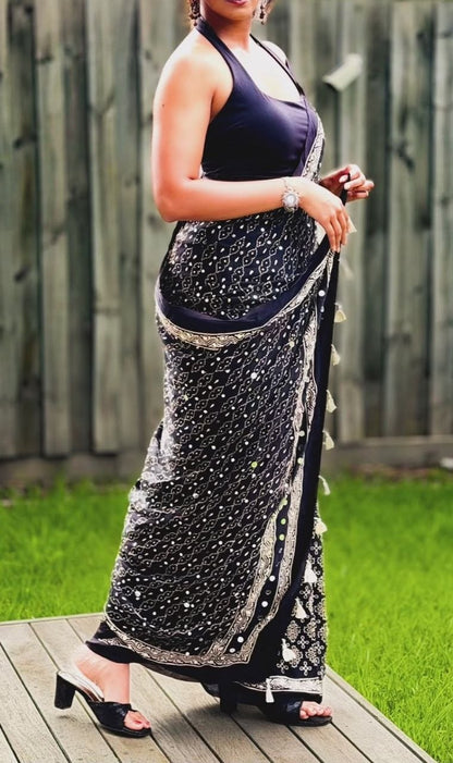 Royal Navy Blue Gajji Ajrakh Silk Saree with Matching Blouse Piece