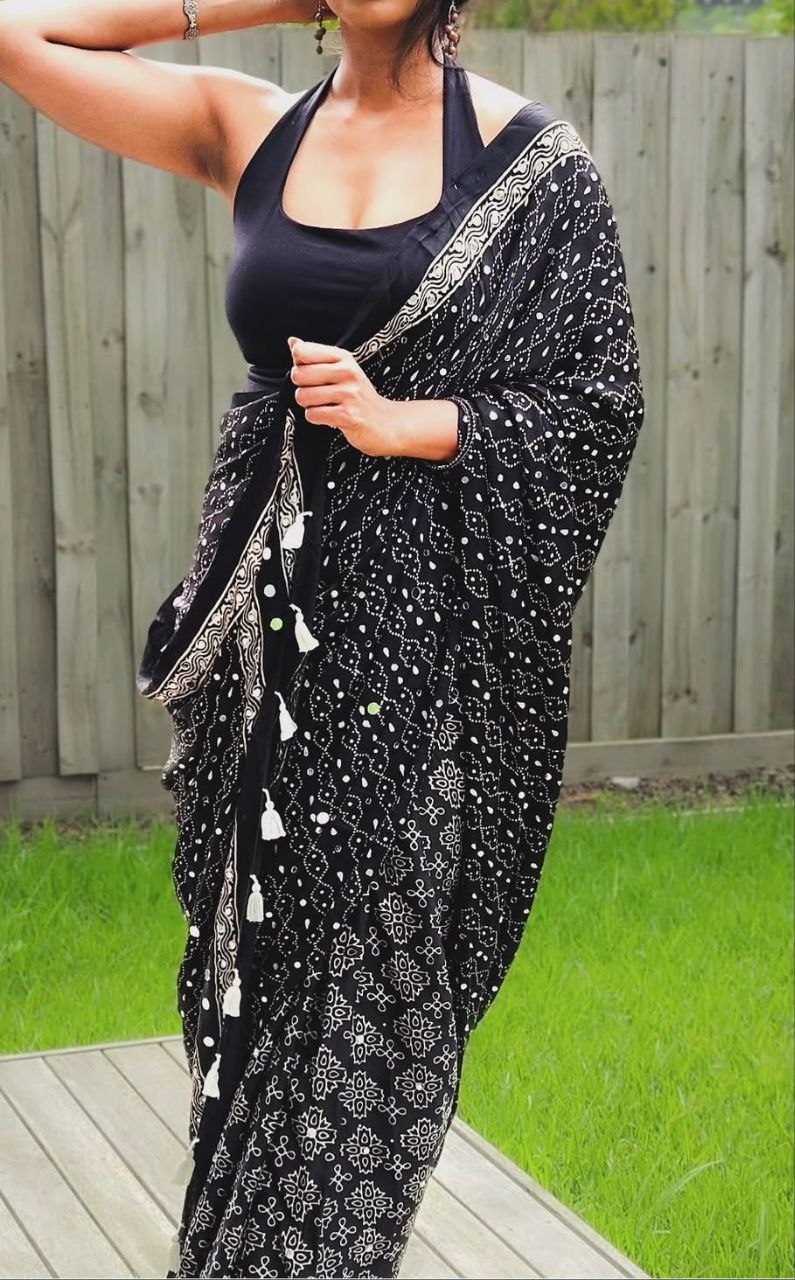 Royal Navy Blue Gajji Ajrakh Silk Saree with Matching Blouse Piece