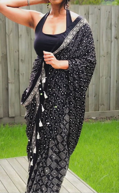 Royal Navy Blue Gajji Ajrakh Silk Saree with Matching Blouse Piece