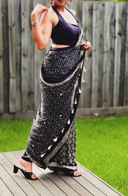 Royal Navy Blue Gajji Ajrakh Silk Saree with Matching Blouse Piece
