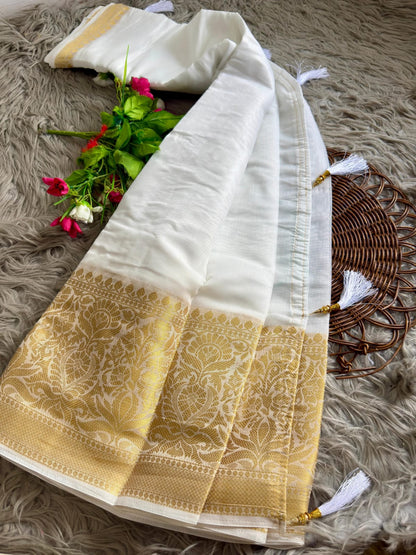 White Onam Special Soft Silk Saree with Elegant Gold Woven Design & Tassels