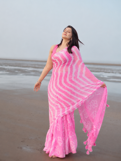 Pink & White Bandhani Print Chiffon Saree with Tassel Pallu