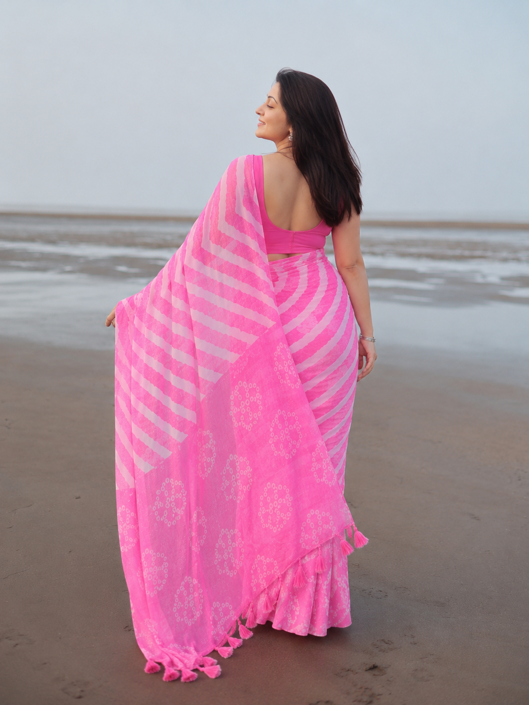 Pink & White Bandhani Print Chiffon Saree with Tassel Pallu