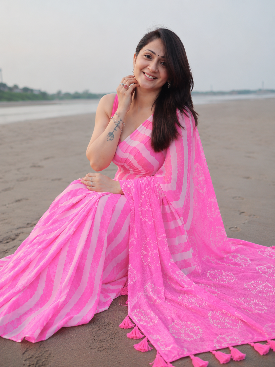 Pink & White Bandhani Print Chiffon Saree with Tassel Pallu