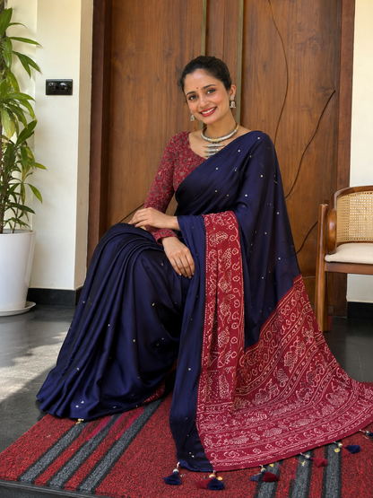 Navy Blue & Maroon Gajji Ajrakh Silk Saree with Matching Blouse Piece