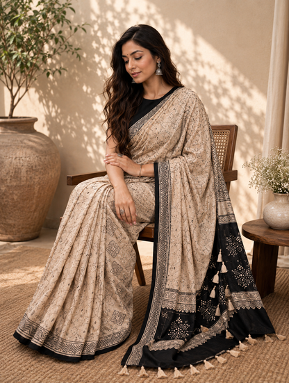 Ivory Beige Ajrakh Gajji Mirror Work Saree