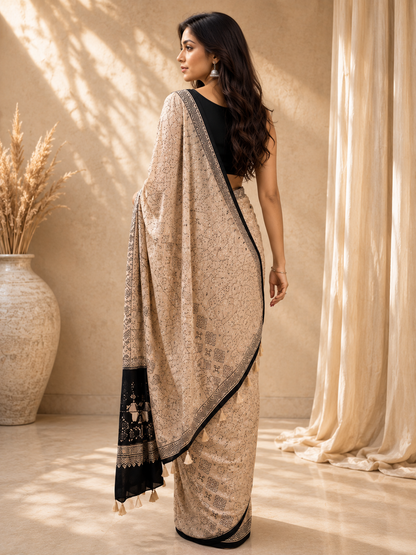 Ivory Beige Ajrakh Gajji Mirror Work Saree