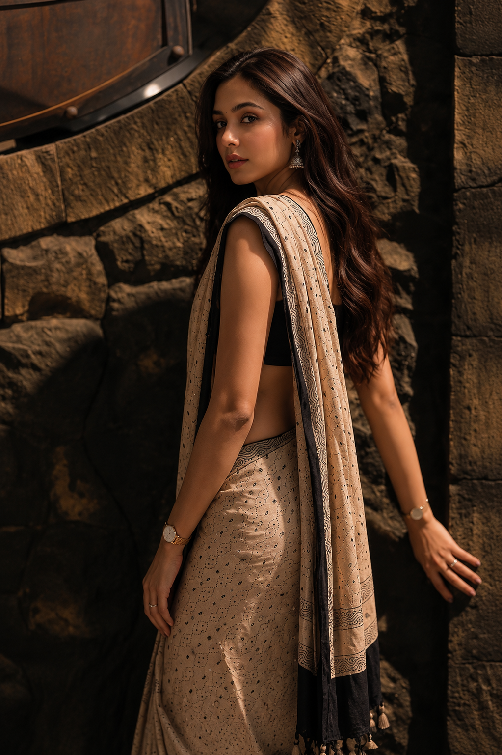 Ivory Beige Ajrakh Gajji Mirror Work Saree