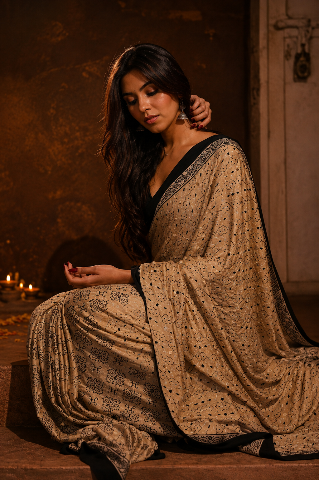 Ivory Beige Ajrakh Gajji Mirror Work Saree