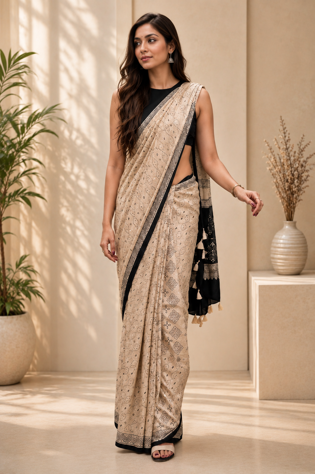 Ivory Beige Ajrakh Gajji Mirror Work Saree