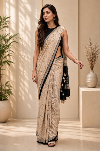 Ivory Beige Ajrakh Gajji Mirror Work Saree