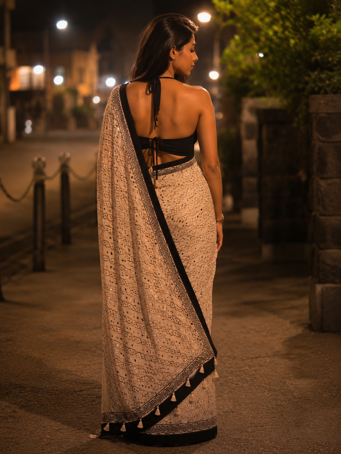 Ivory White Gajji Ajrakh Silk Saree with Black Border & Mirror Work