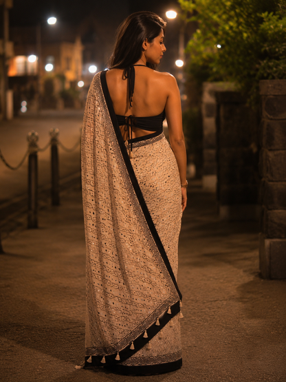 Ivory White Gajji Ajrakh Silk Saree with Black Border & Mirror Work