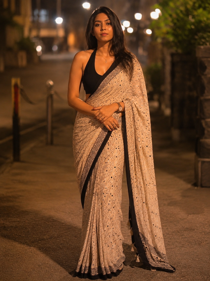 Ivory White Gajji Ajrakh Silk Saree with Black Border & Mirror Work