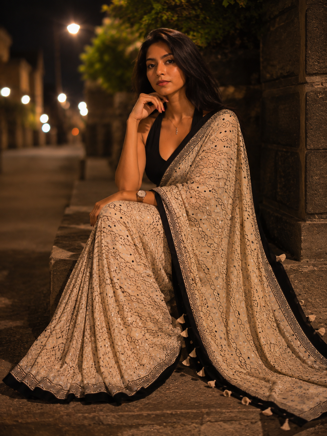 Ivory White Gajji Ajrakh Silk Saree with Black Border & Mirror Work
