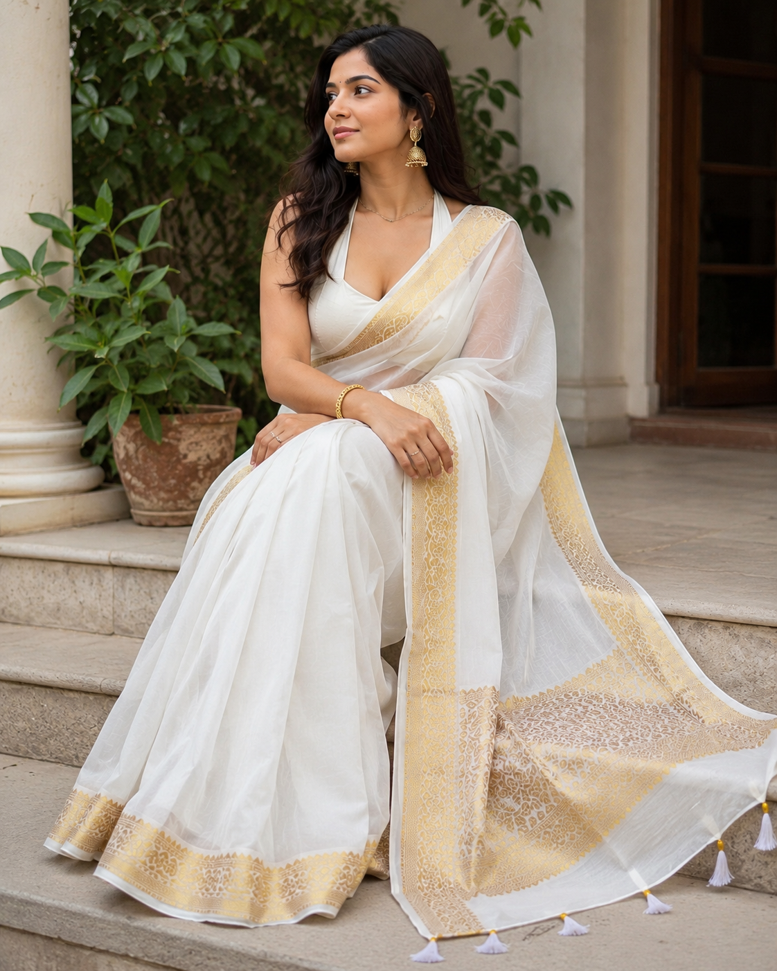 White Onam Special Soft Silk Saree with Elegant Gold Woven Design & Tassels