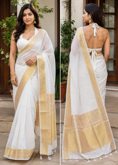 White Onam Special Soft Silk Saree with Elegant Gold Woven Design & Tassels