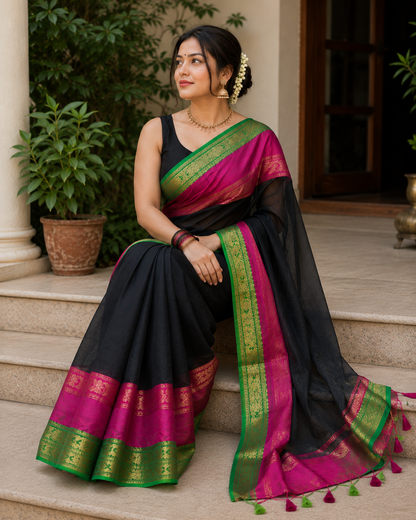 White Soft Silk Saree with Gold Woven Design & Tassels