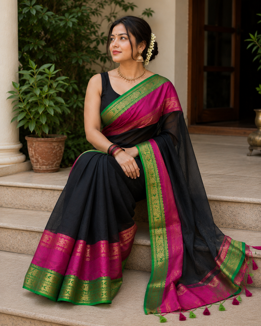 White Soft Silk Saree with Gold Woven Design & Tassels