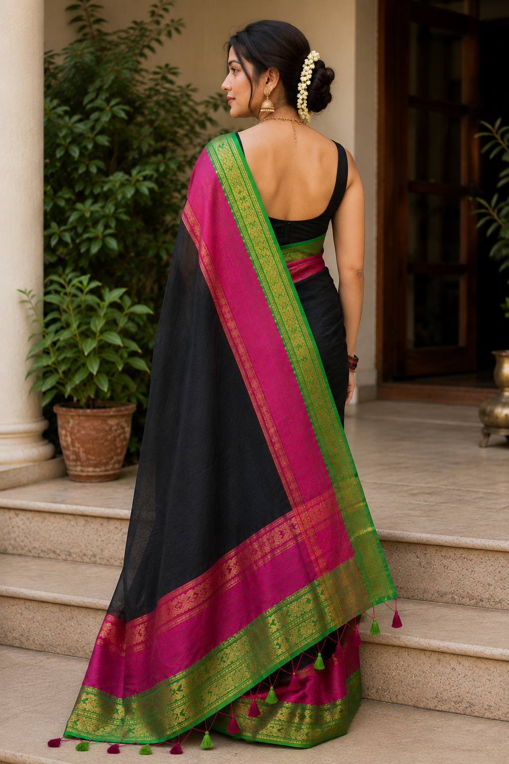 White Soft Silk Saree with Gold Woven Design & Tassels