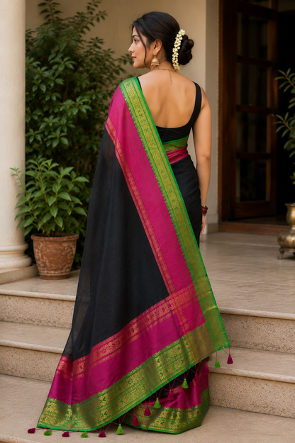 White Soft Silk Saree with Gold Woven Design & Tassels