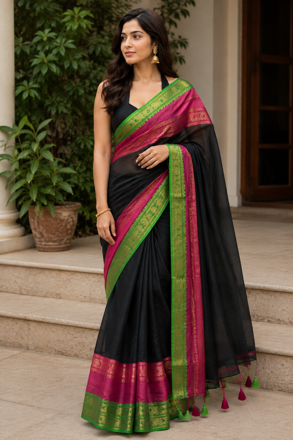 White Soft Silk Saree with Gold Woven Design & Tassels