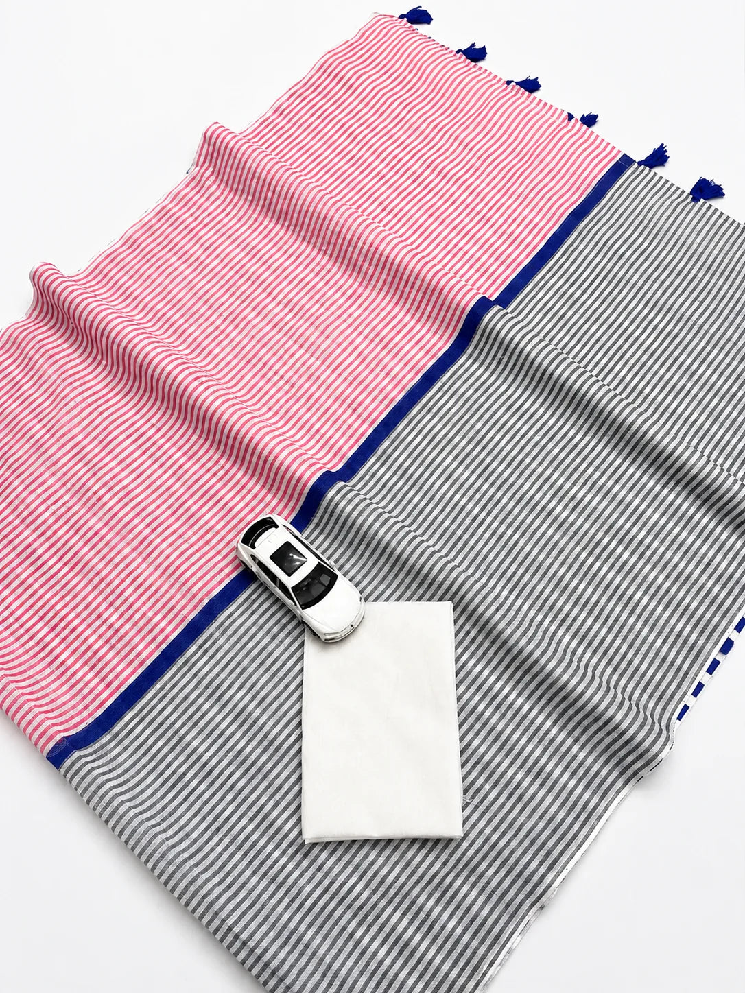 Pink Grey Cotton Linen Striped Saree with Blue Border & Tassels for Women