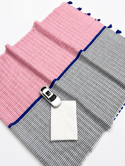 Pink Grey Cotton Linen Striped Saree with Blue Border & Tassels for Women