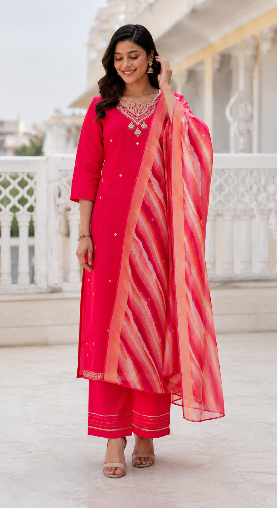 Rani Pink Cotton Blend Kurta Set with Printed Organza Dupatta