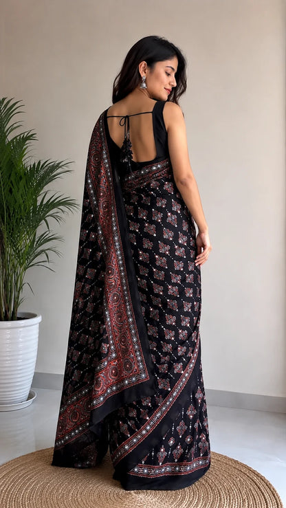 Black Gajji Silk with traditional motifs Designer Saree for Women