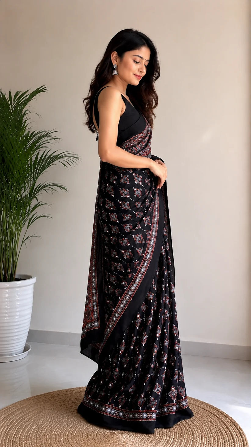 Black Gajji Silk with traditional motifs Designer Saree for Women
