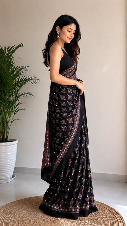 Black Gajji Silk with traditional motifs Designer Saree for Women