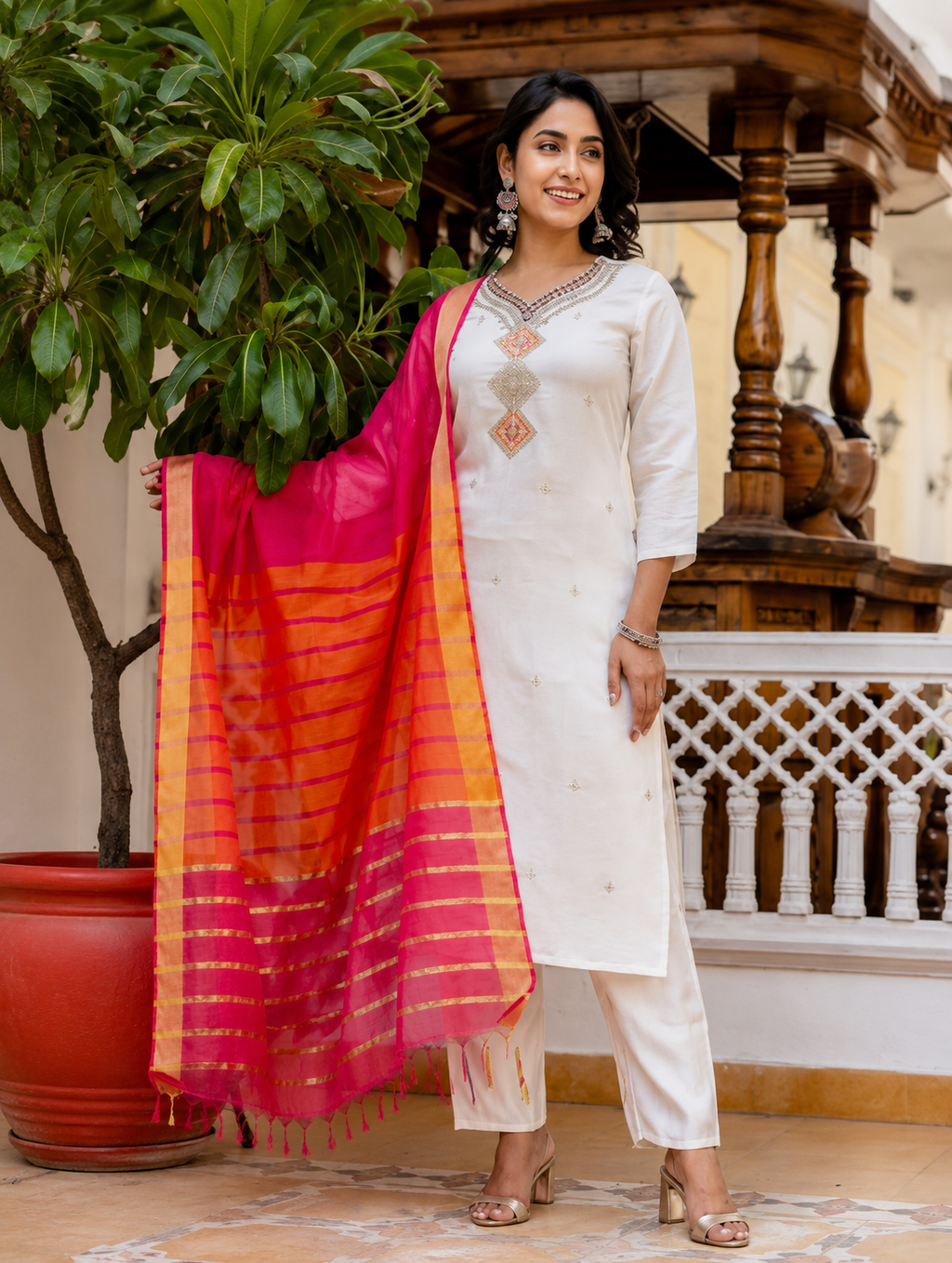 Ivory White Embroidered Cotton Blend Kurta Set with Organza Dupatta