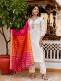 Ivory White Embroidered Cotton Blend Kurta Set with Organza Dupatta