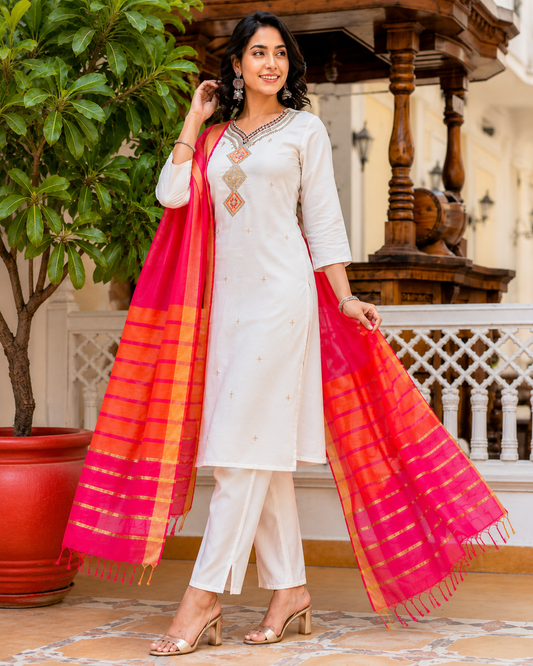 Ivory White Embroidered Cotton Blend Kurta Set with Organza Dupatta