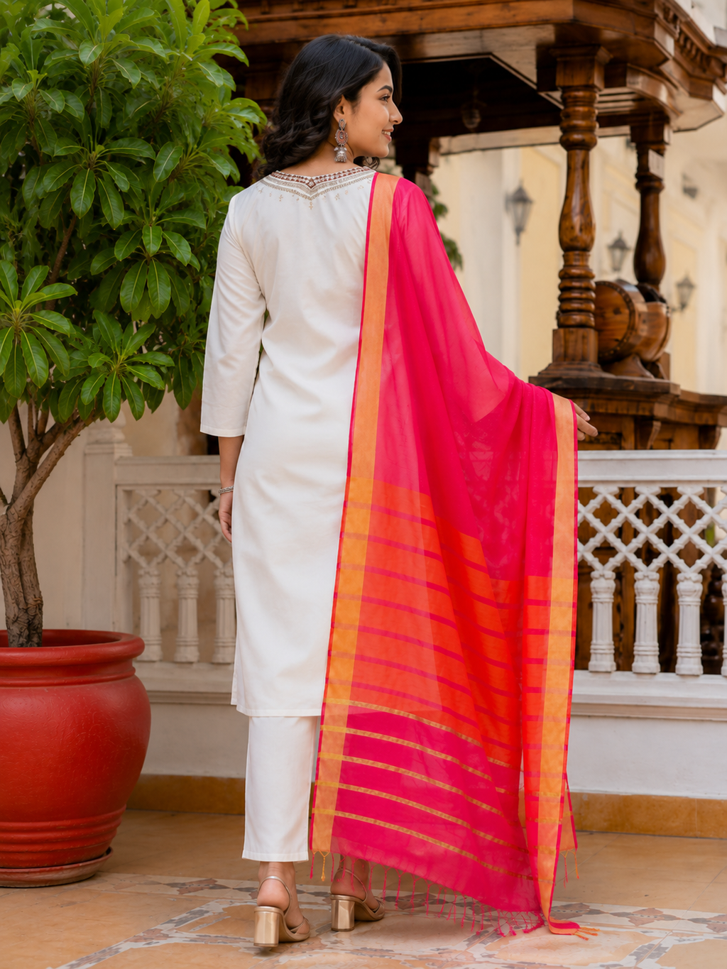 Ivory White Embroidered Cotton Blend Kurta Set with Organza Dupatta