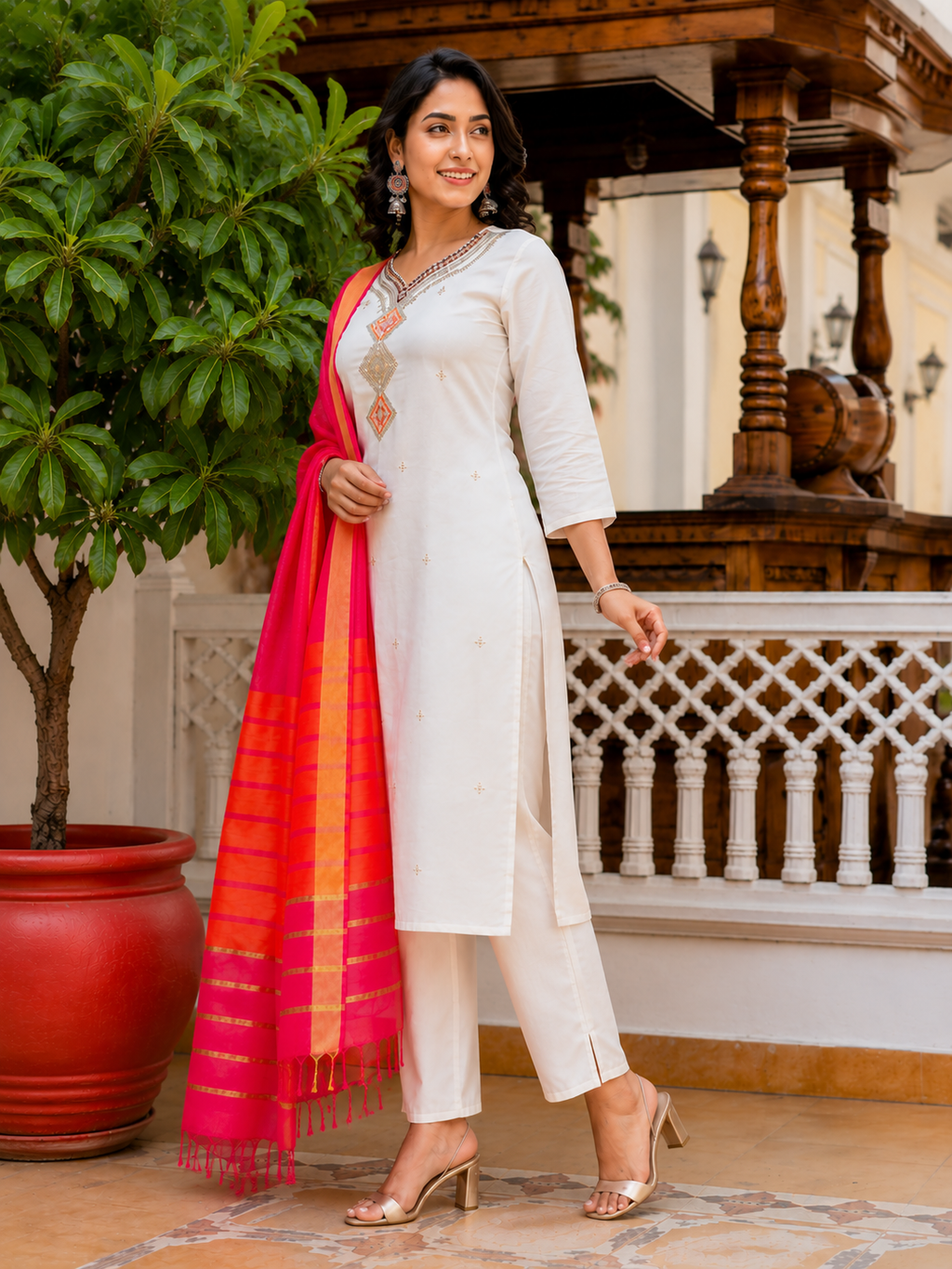 Ivory White Embroidered Cotton Blend Kurta Set with Organza Dupatta