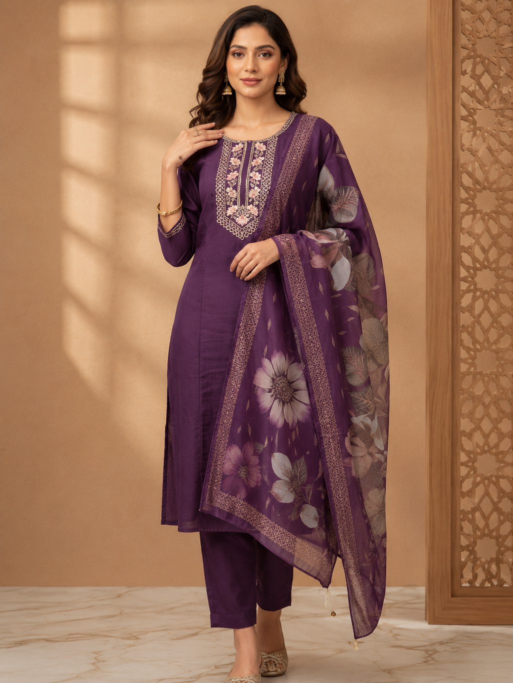 Purple Embroidered Cotton Blend Kurta Set with Floral Organza Dupatta