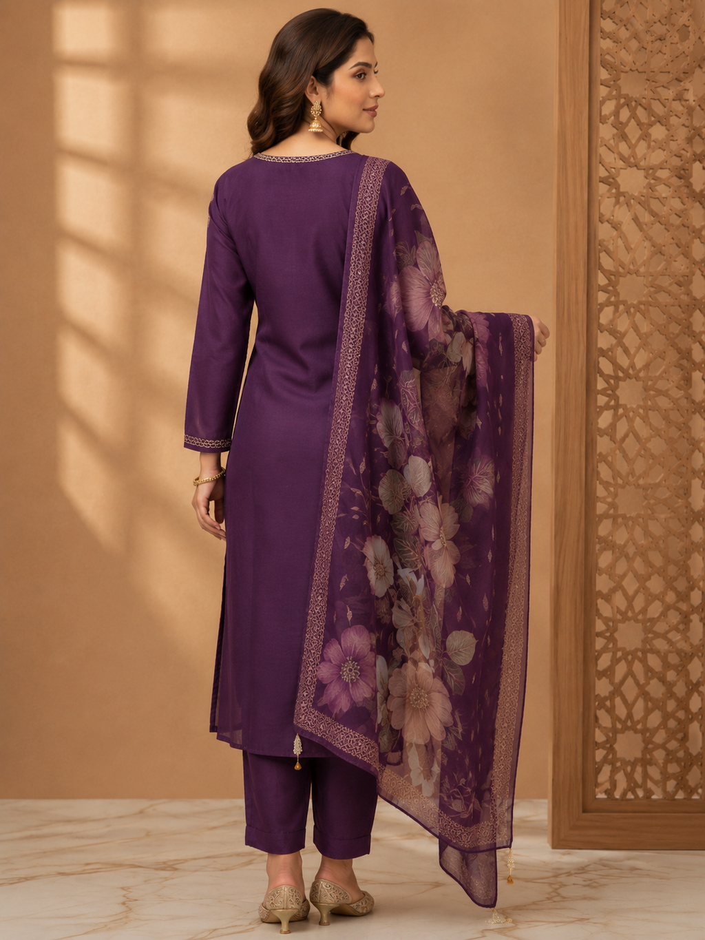 Purple Embroidered Cotton Blend Kurta Set with Floral Organza Dupatta
